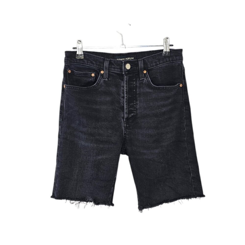 Denim Forum Womens The Yoko Bermuda Shorts, Black Wash, Button Fly High Rise, 28